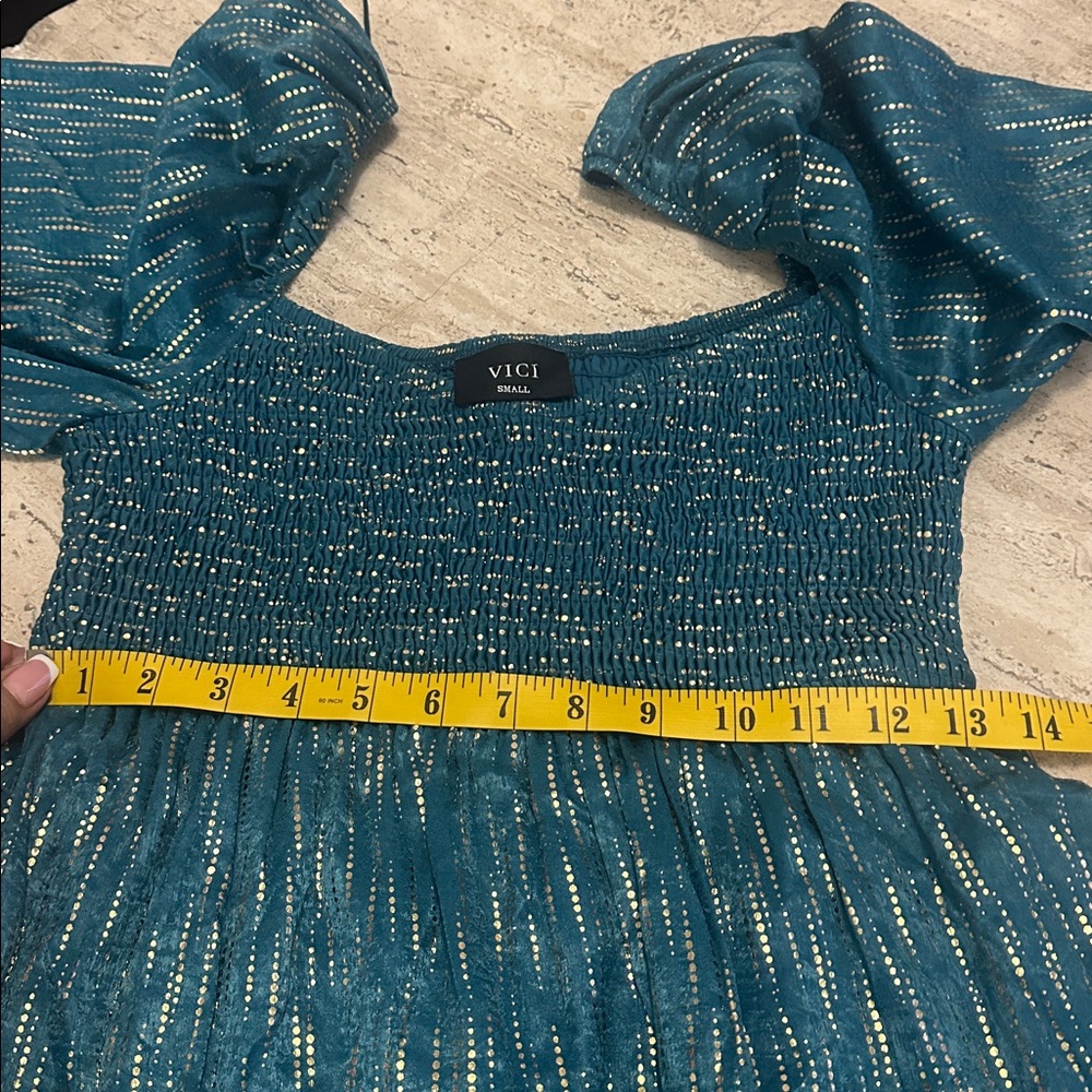 VICI Shine On Metallic Turquoise Baby Doll Smocked Top Tiered Mini Dress Size S - Picture 13 of 14